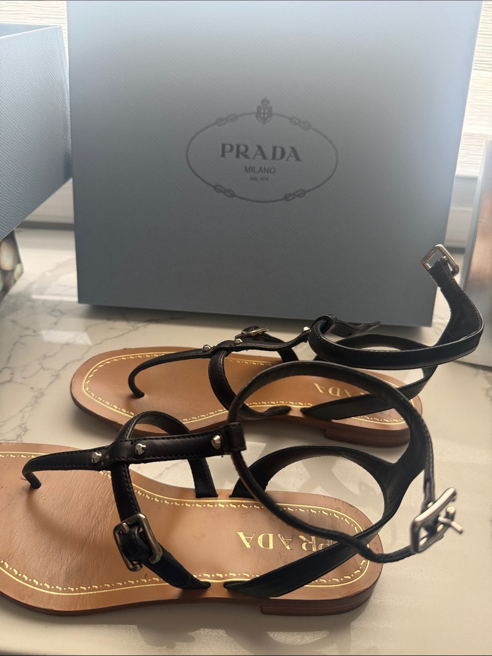 Prada Black Leather Strappy Flat Sandals with Tan Footbed
